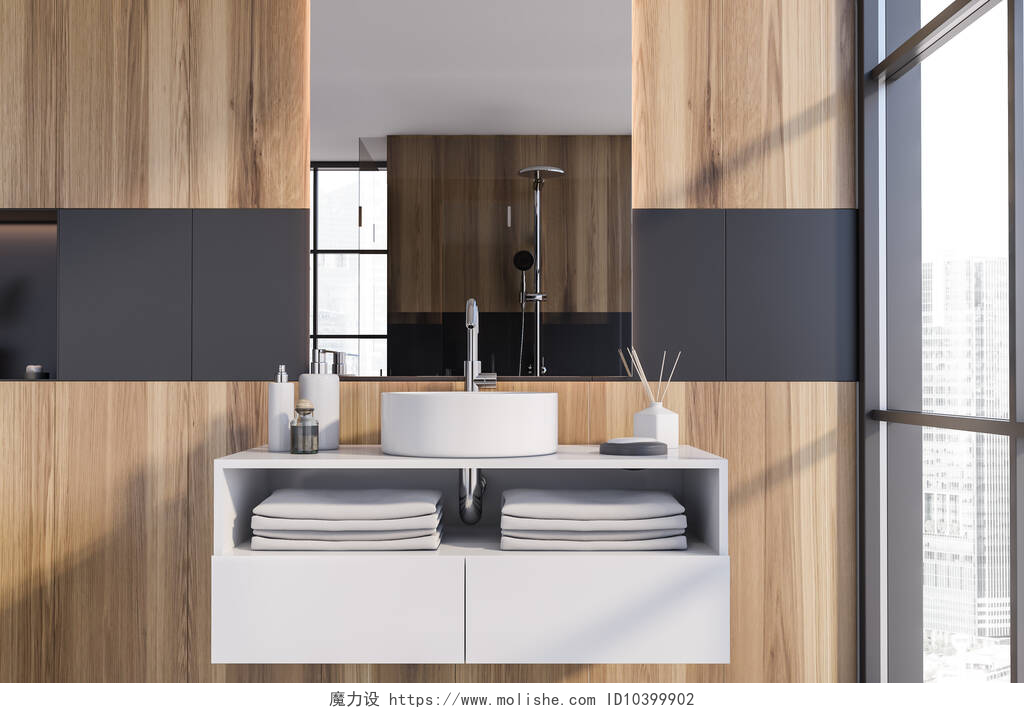 木制风格建筑的浴室带有木制和灰色墙壁、混凝土地面和圆形镜子的简约浴室的内部。3d渲染